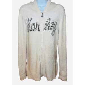 Harley Davidson Womens Large Full Zip Cream Hoodie Rhinestone Logo Soft Cozy
